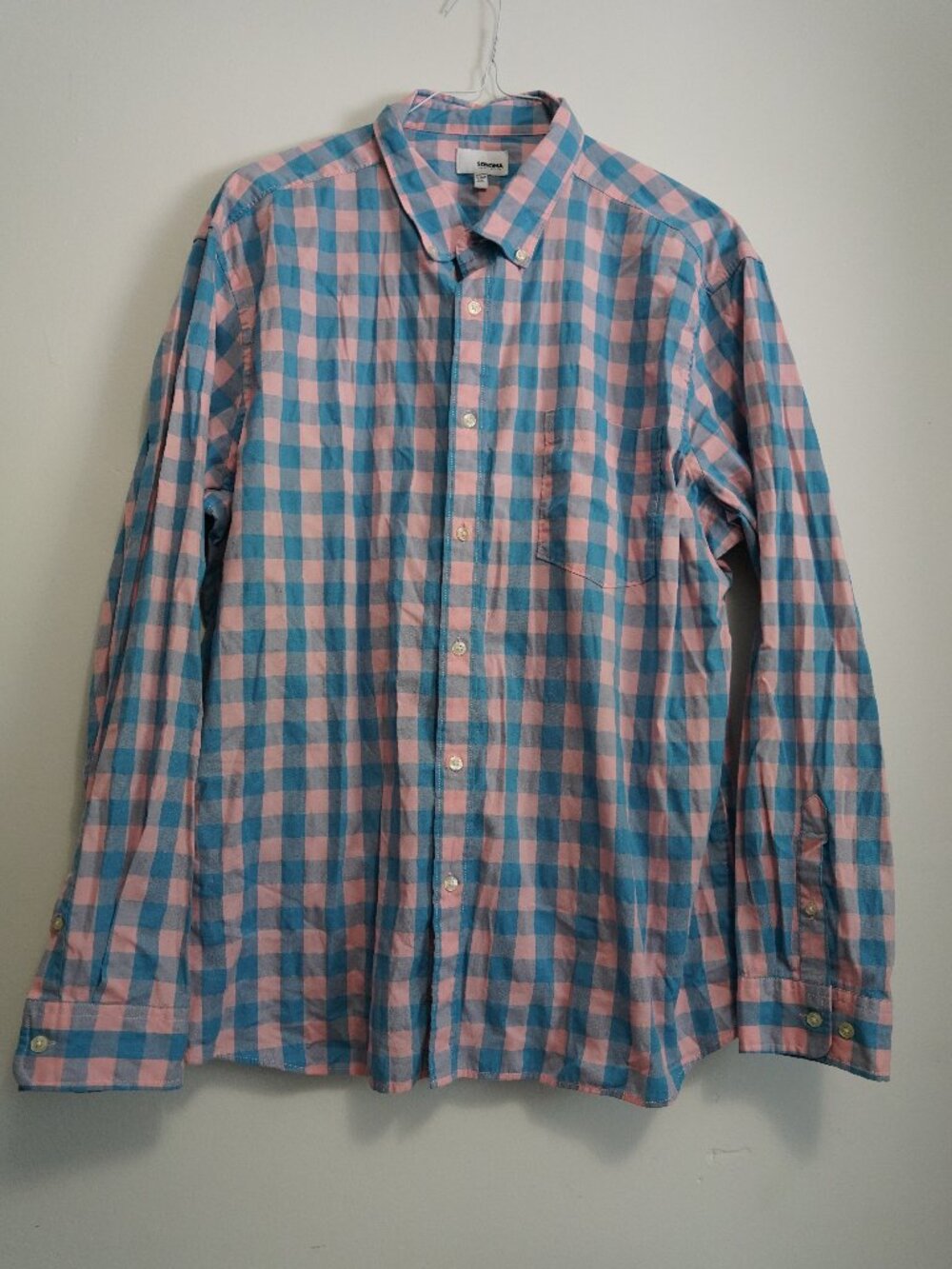 Sonoma long sleeve button down dress shirt-Mens XXL-66% Cotton-Pink/Blue Check